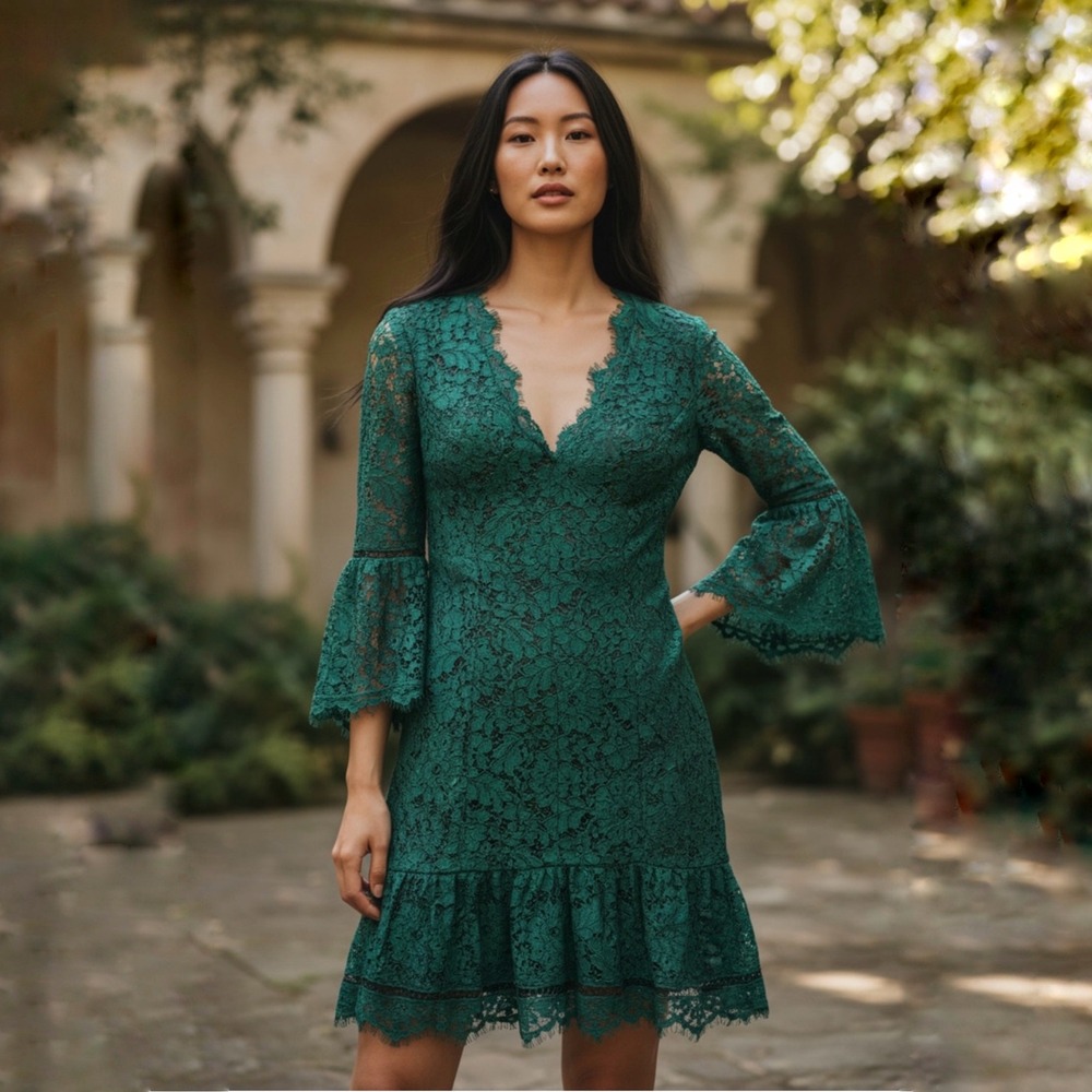 Eliza J Hunter Green Floral Lace Bell Sleeve Ruffle Hem Dress Size 10